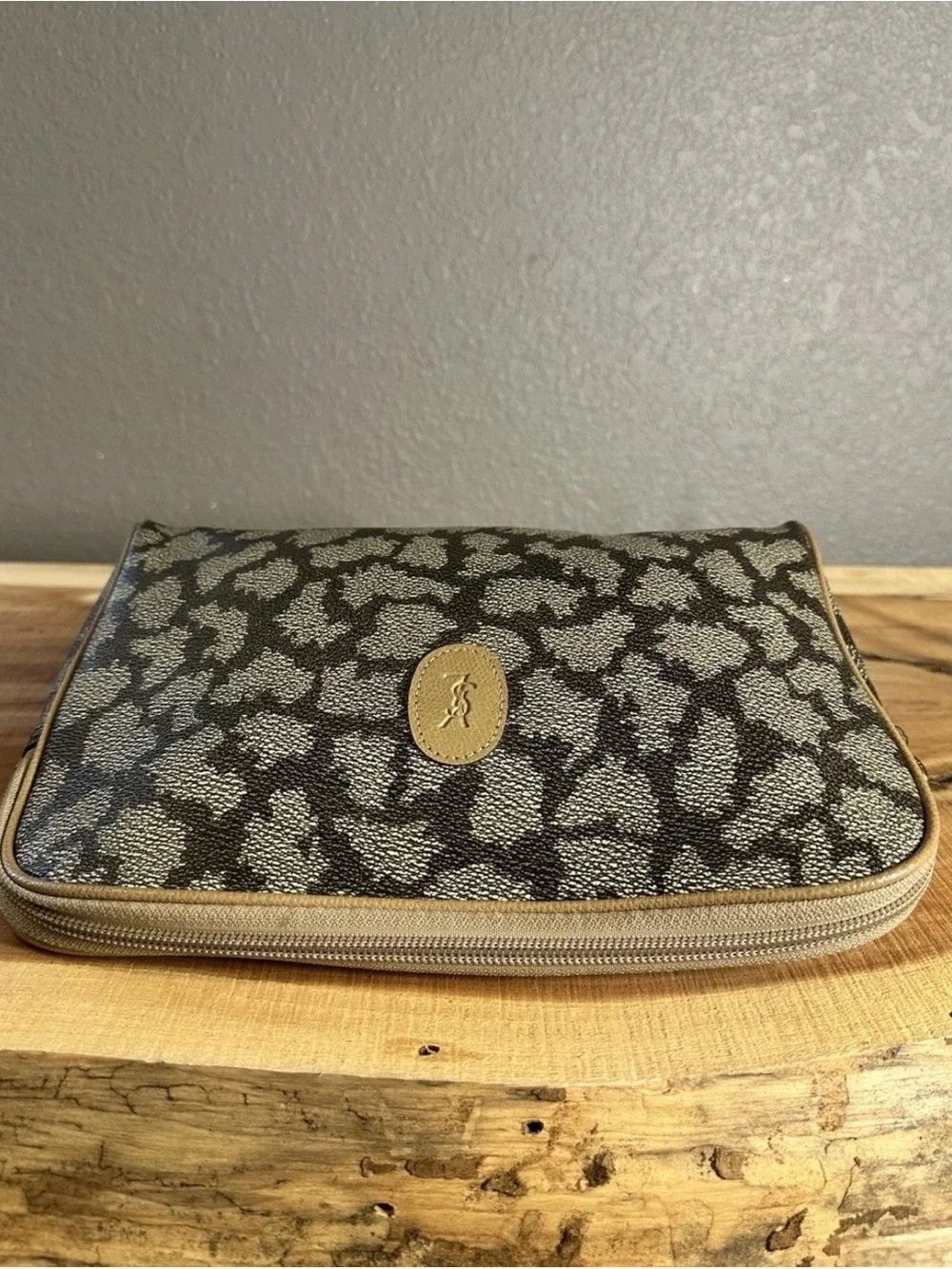 Vintage Yves Saint Laurent YSL Monogrammed Cosmetic Travel Pouch Makeup Case Bag